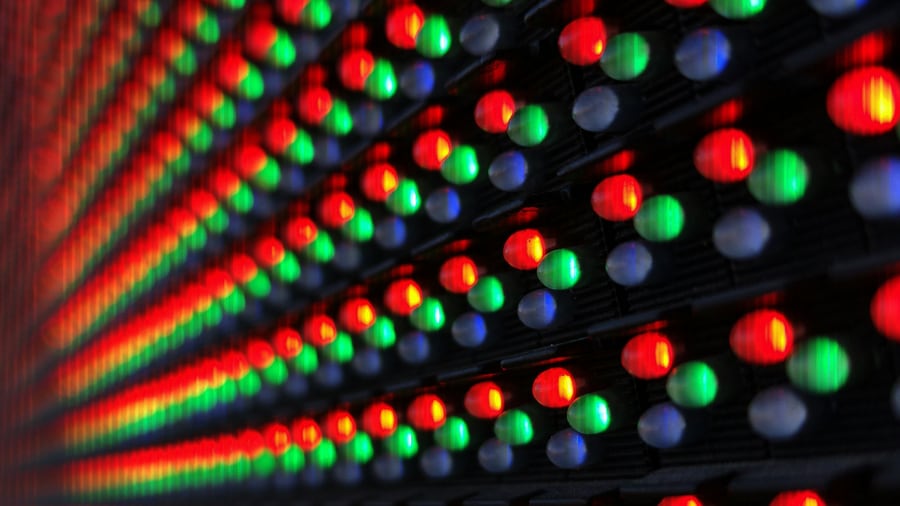 Macro of an RGB LED pixel array in diagonal rows
