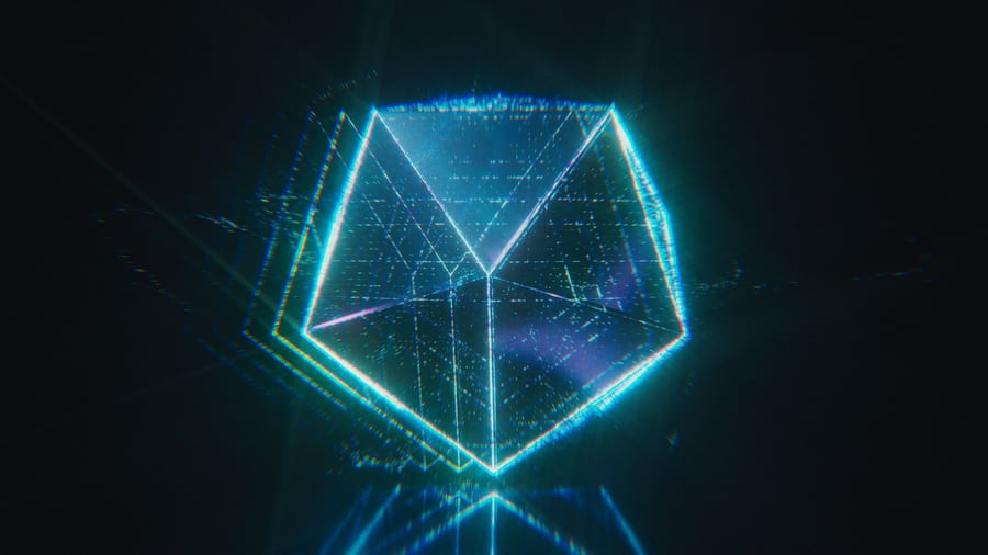 A glowing teal wireframe polyhedron on black