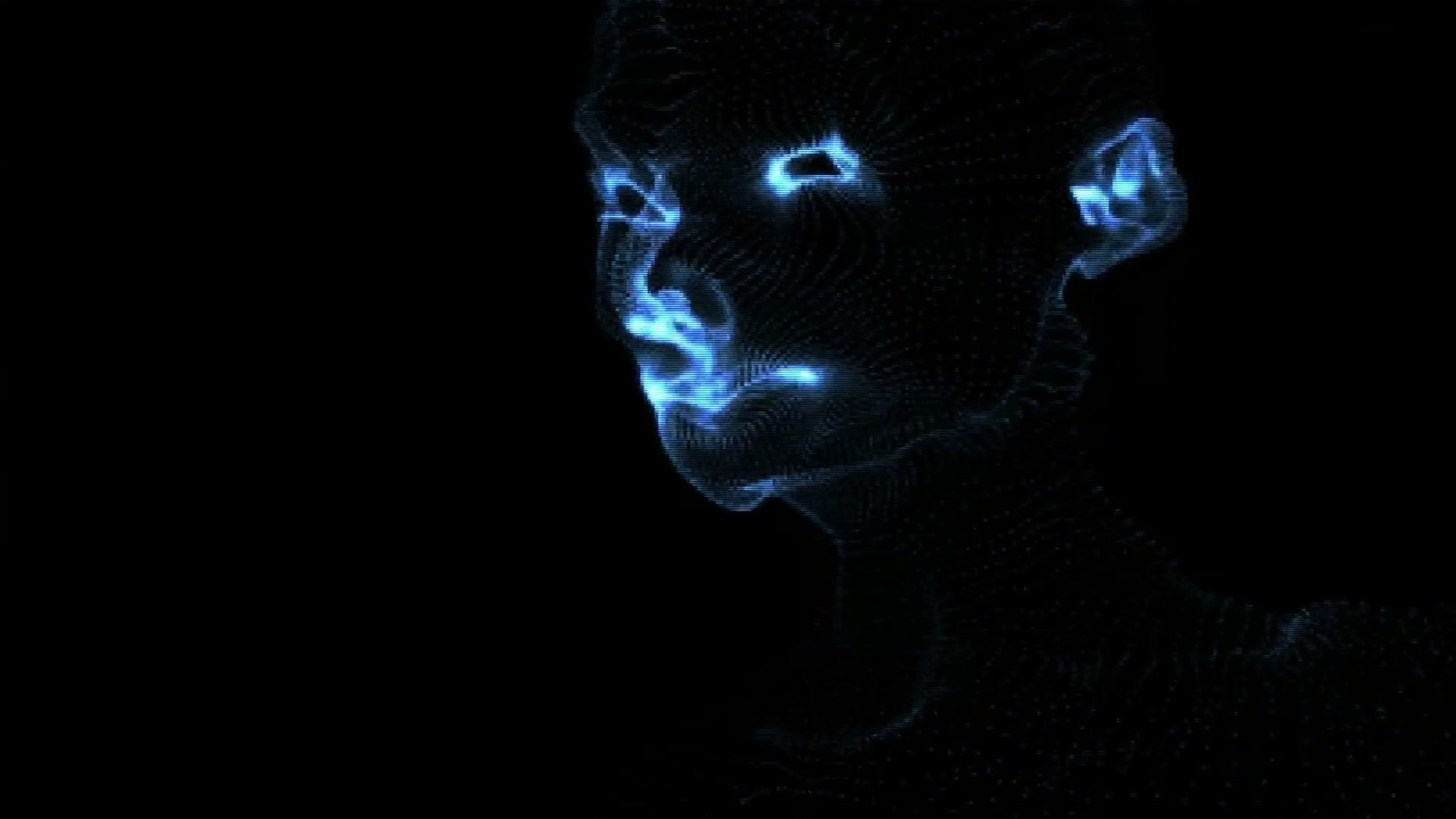 A rotating wireframe point-cloud face glowing pale blue