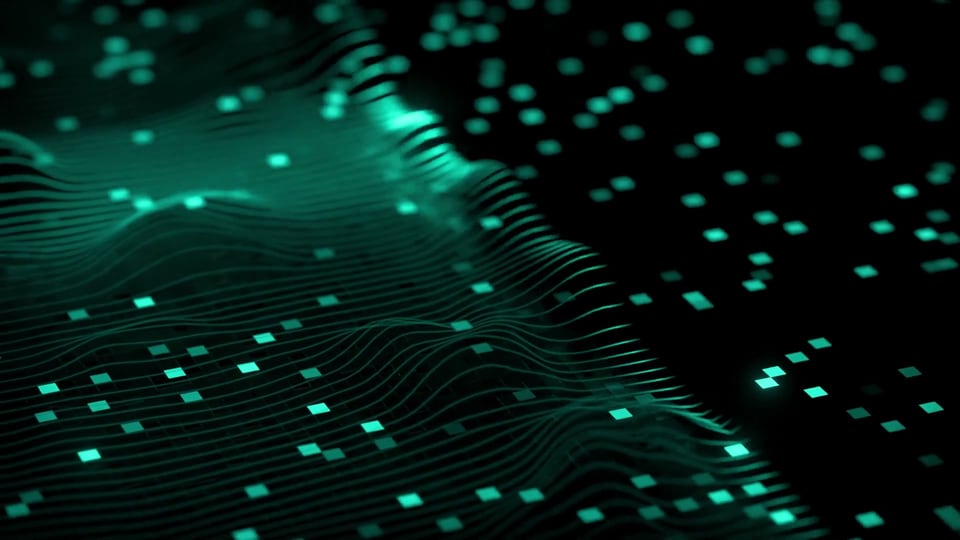A teal digital terrain of dots drifting across black