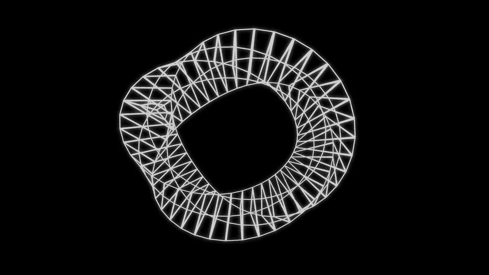 A white wireframe torus rotating on black